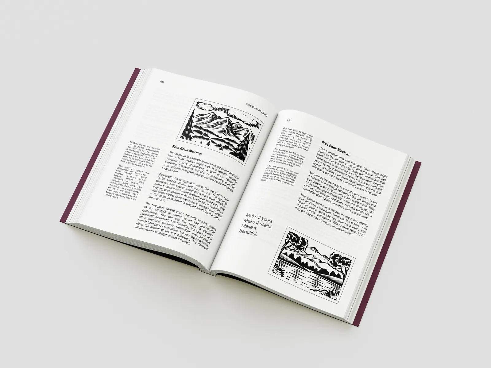 Open book showing text pages and line illustrations
