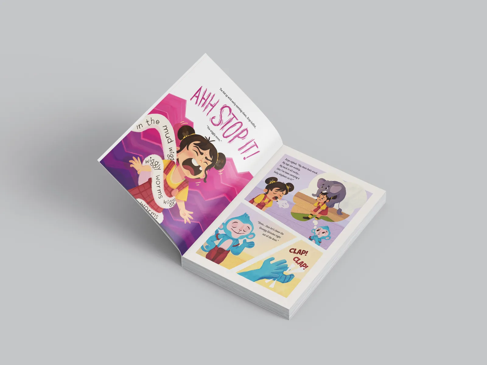 Open illustrated children's book interior spread