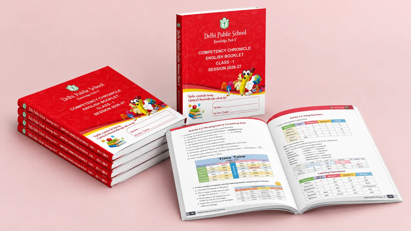 School English booklet stack with colour worksheet interiors