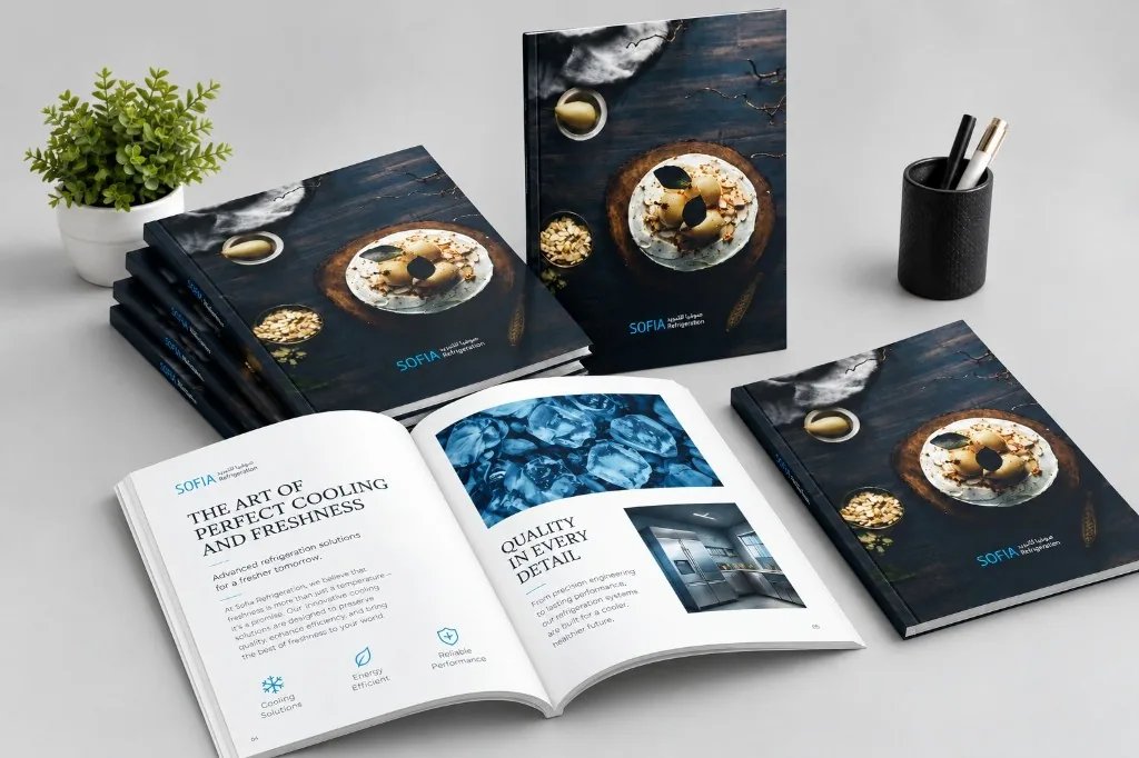 SOFIA Refrigeration brochures — stacked, standing and open colour spreads