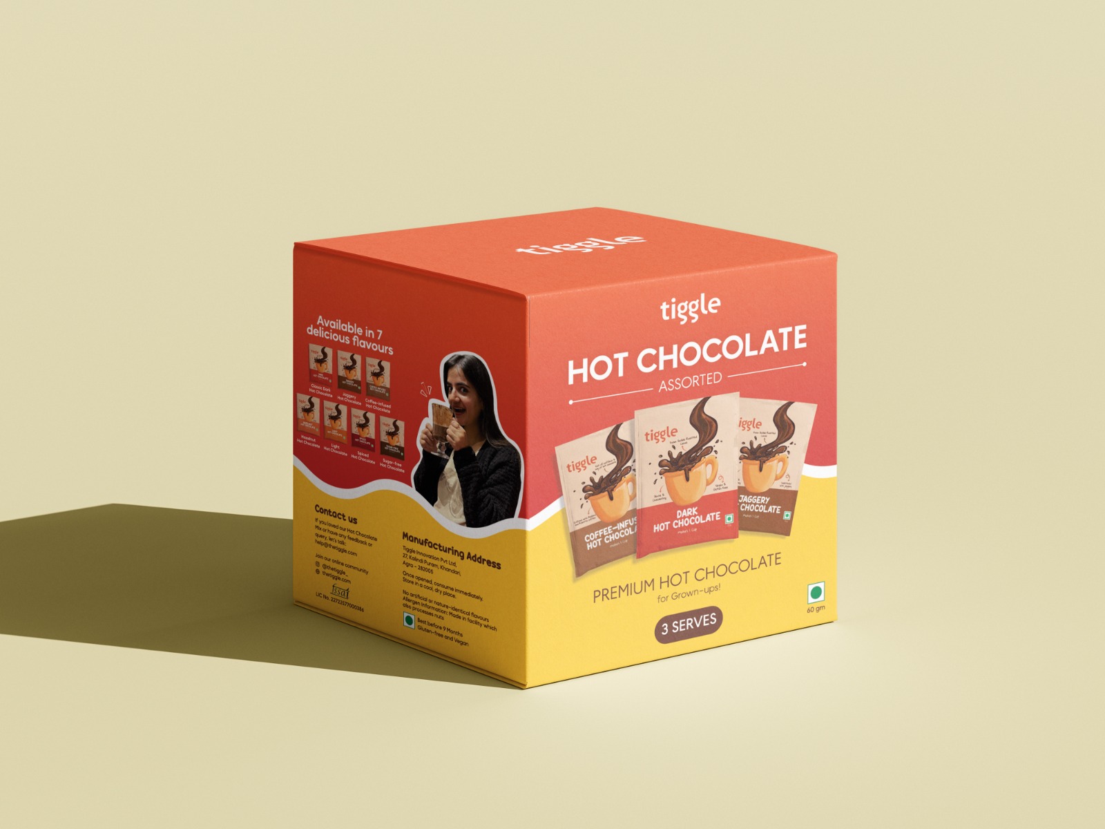 Printed cube carton for hot chocolate sachets