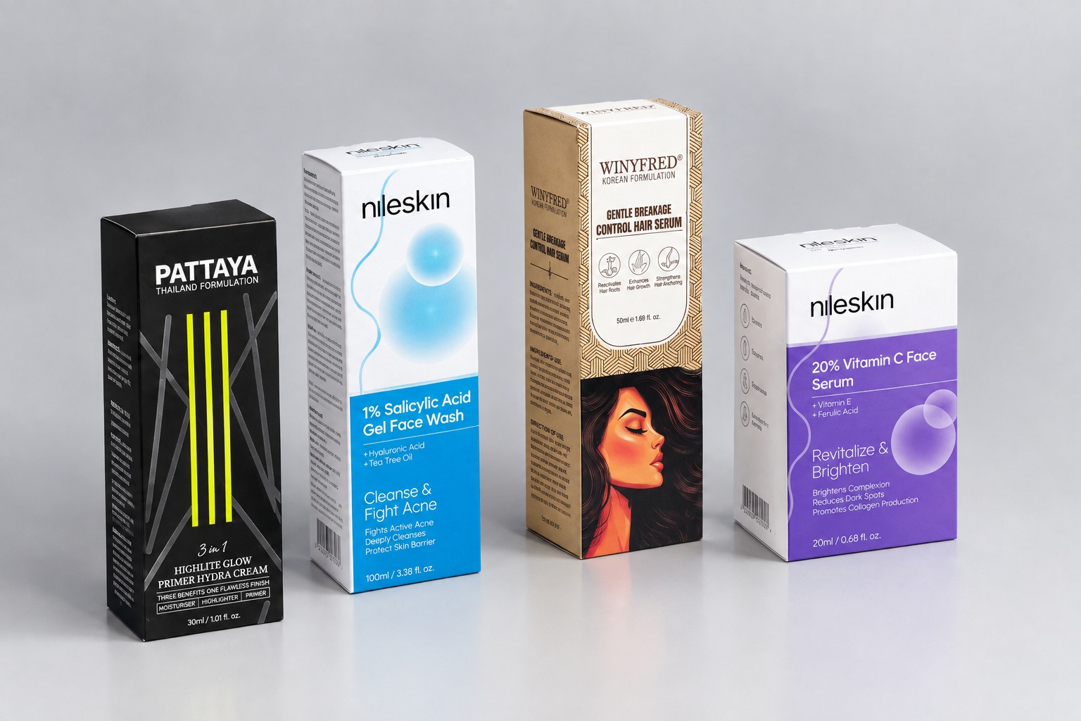 Lineup of printed cosmetics and personal-care cartons